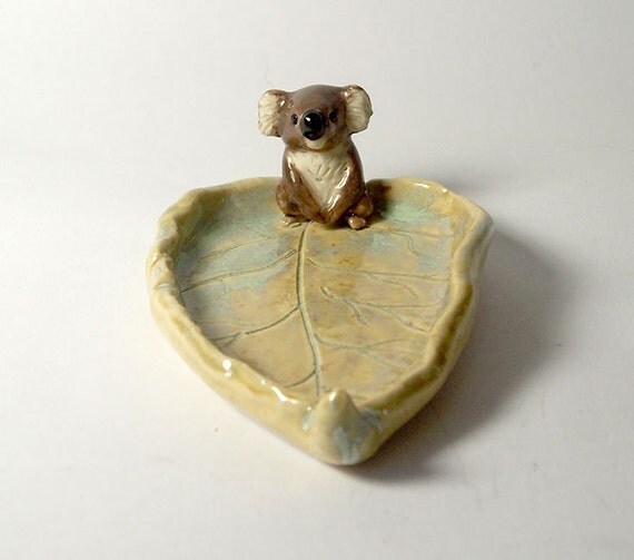 Ceramic koala tea bag holder leaf dish Australian by AnitaReayArt