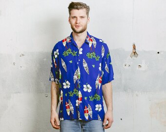 Vintage Bold HAWAII Shirt . Men's Floral Palm Tree Tropical Print Hawaiian 1990s Oversized Blue Short Sleeve 90s Summer Shirt . XL XXL