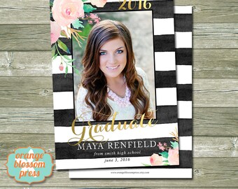 Floral Watercolor Graduation Announcement, Custom Photo Grad Invitation, Faux Gold Foil Graduation, Artistic Graduation, Multiple Photo
