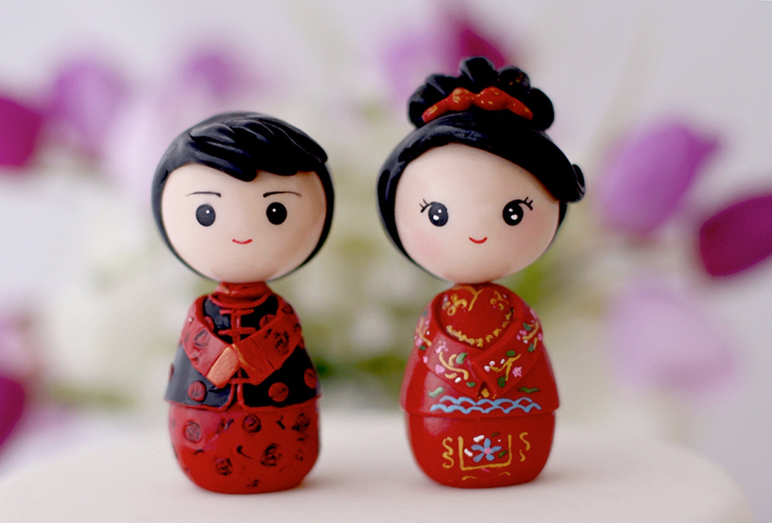 Chinese bride and groom wedding cake topper kokeshi figurines