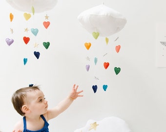 Luxe Heart Bright Rainbow Cloud Mobile - Childrens fabric mobile sculpture decoration for baby nursery- Free US Shipping