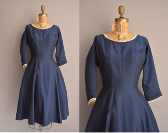 50s R&K navy blue vintage full skirt dress / vintage 1950s dress