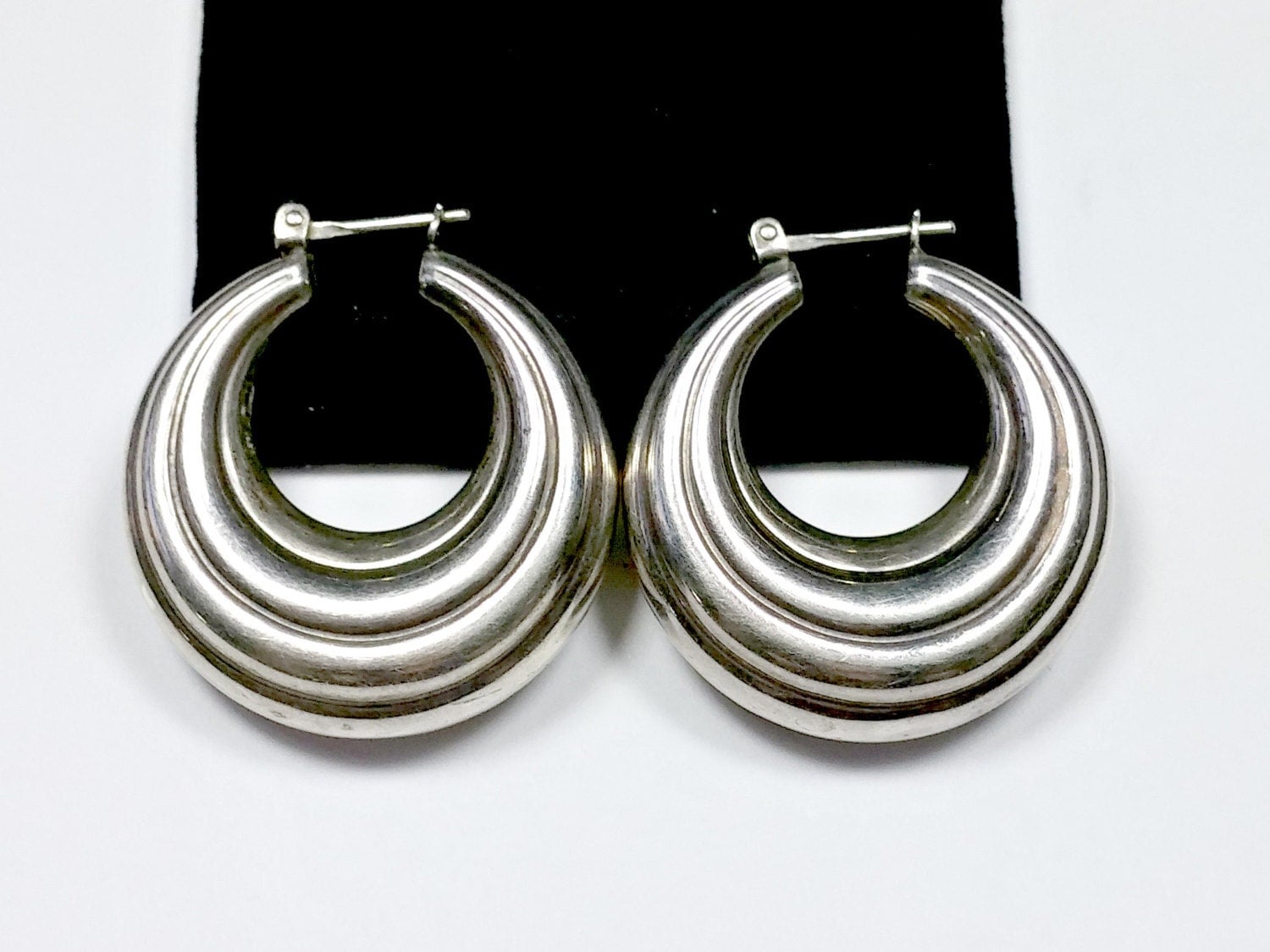 Big Vintage Sterling Silver Hoop Earrings Thick Chunky Ribbed