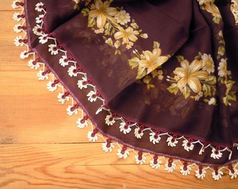 scarf with crochet trim, turkish oya, aubergine