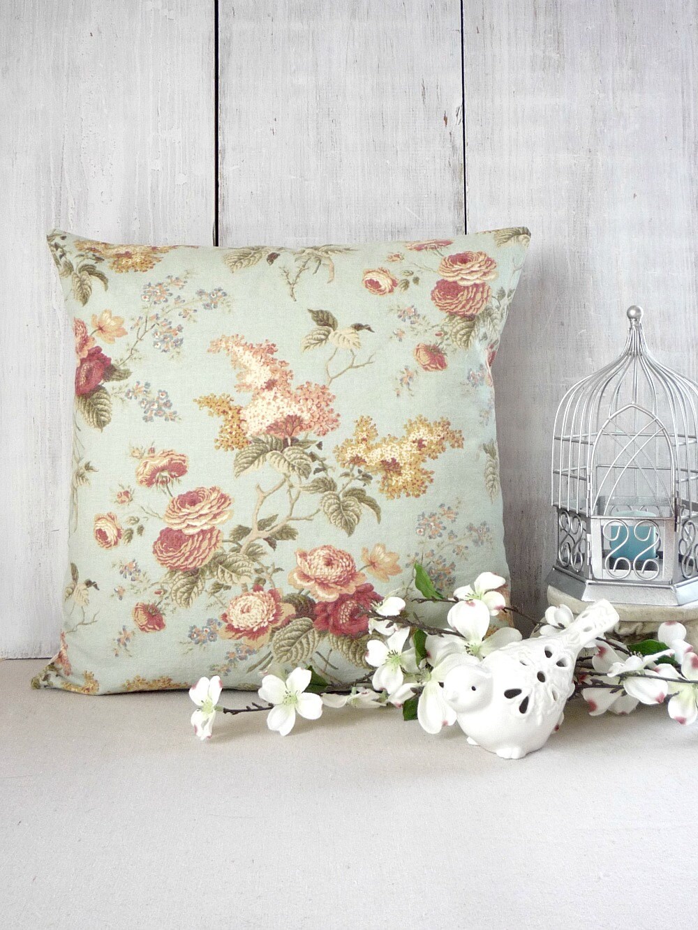 Blue Floral Pillow Cover Blue and Ivory Pillow by greenwillowpond