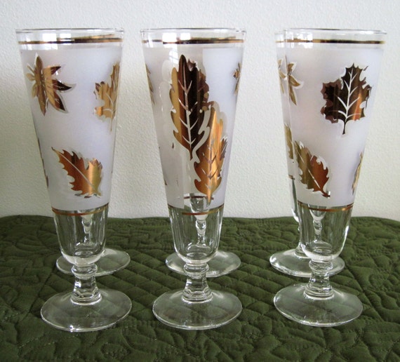 6 Vintage Libbey Gold Leaf Pattern Crystal Footed By Milkwhite