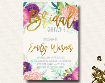 Bridal Shower Invitation Floral Gold Dusty Blue Bright Color Spring Summer