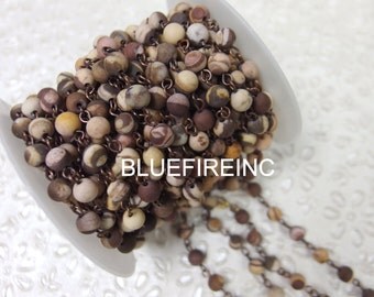 3 feet 6mm Matte finished Peanut Jasper beads with Antique Copper Wire Chain // Beaded Gemstone Jewelry Chain // Unfinished Chain
