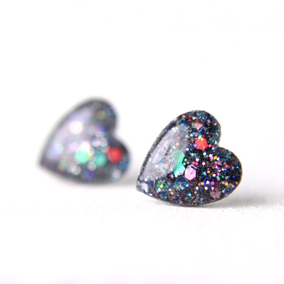 rainbow slate heart earrings rainbow glitter studs by tinygalaxies