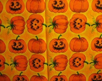 Halloween Fabric 1/4 yard x 44" Cute Smiling and Laughing Orange Pumpkins on Yellow