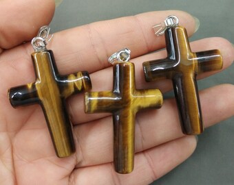 5pcs Tiger Eye Cross Pendant 8x28x42mm- silver tone bail