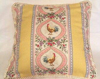 Country French Cottage Rooster Pillow Provence Yellow Ivory Toile Hens