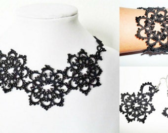 Lace tatting jewelry set, Black jewelry set, Set Crochet Tatting/ necklace, bracelet and earrings lace jewelry,chiacchierino