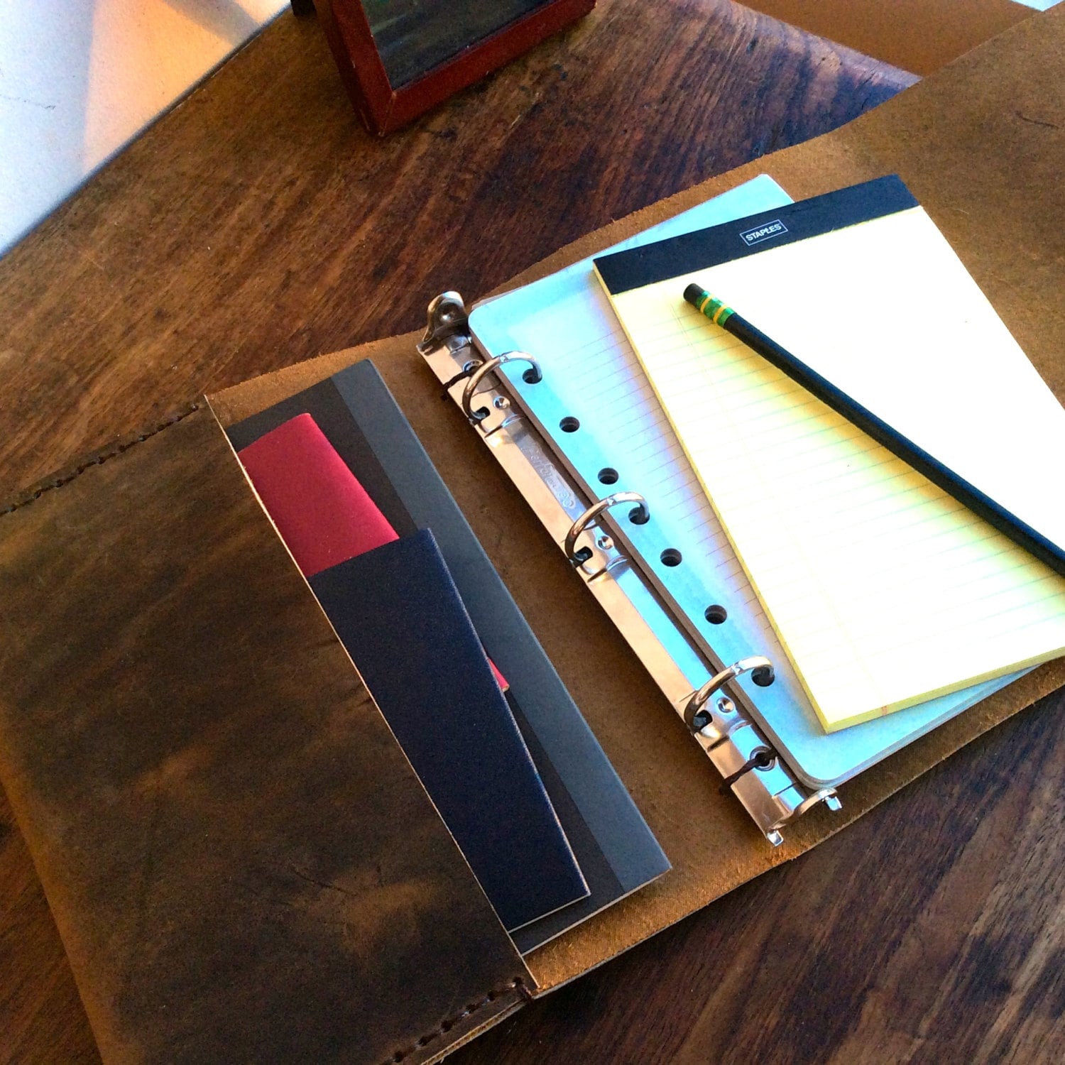 Small 3 ring binder A5 mini half size leather ring binder