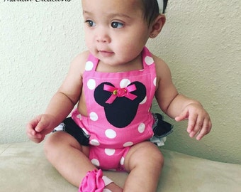 Baby Romper, Baby Sunsuit, Bubble Romper, Ruffle Bottom, Girl Clothing, Minnie Mouse, Hot Pink Romper, Birthday Clothing, Summer, Disney