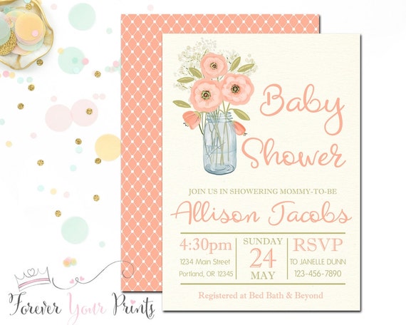 Rustic Baby Shower Invitation, Country Baby Shower, Rustic Invitation, Shabby Chic Baby, Boho Baby, Peach Floral Invitation Il_570xn