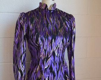Vintage Blouse 1970s Disco Flame Top Purple and Black Burned Out Velvet Gold Metallic Shimmer Mandarin Collar Fitted Long Sleeves Size Small