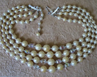 Vintage 1950s 4 Strand Ivory Pearl and AB Bead Necklace