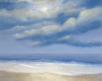 Moon over the ocean original acrylic painting on canvas board