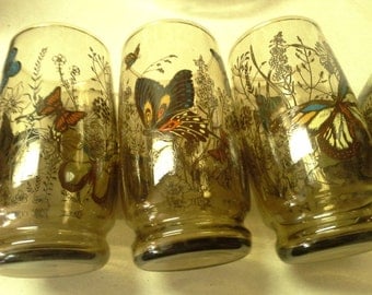 Smokey brown butterfly vintage Anchor Hocking (5) drinking glasses