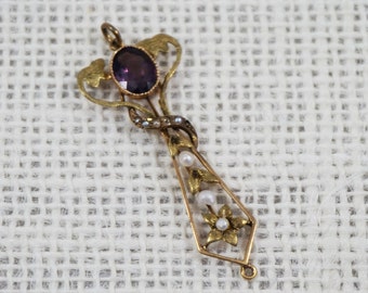 Art Nouveau 8k Rose and Green Gold Seed Pearl and Purple Amethyst Lavaliere Pendant