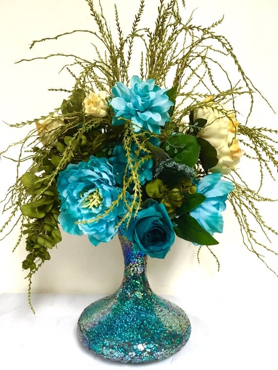 Silk Floral Arrangement Floral Centerpiece Turquoise Blue Sage