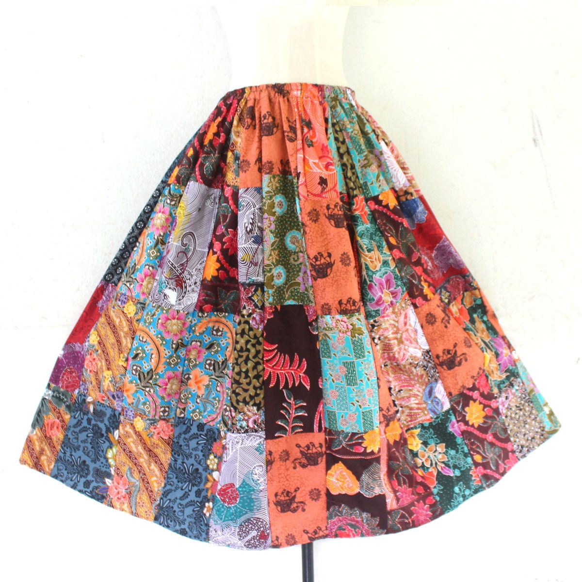 Hand made Thai  batik  sarong elastic waist patchwork skirtboho