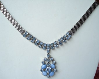 Vintage Necklace Blue Glass Beads and Rhinestones 1940's 1950's