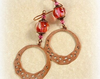 Pink Earrings, Copper Hoop Earrings with Fuchsia Pink Lampwork Glass Bead - Copper Large Dangle Earrings, Fuchsia Lampwork Earrings