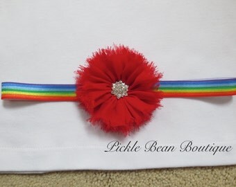 Rainbow Headband, Girls Red Chiffon Flower Headband Rhinestone Center Baby Toddler Headband Kids Hairband Birthday Photo Prop