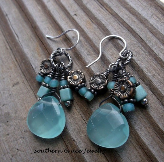 Items similar to Mint Julep Briolette and Glass Flower Earrings on Etsy