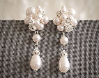 Pearl Cluster Wedding Earrings Bridal Stud by GlamorousBijoux