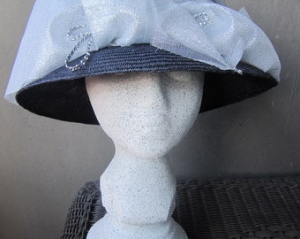 Silver & Navy Lady's Hat, Haute Couture Hat, Church Hat, Derby Hat, Tea Party Hat, Parasisal Straw Weave, Hand made, Beautiful Hat, Glitter