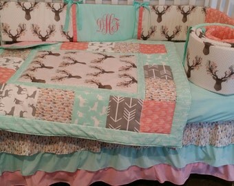 Woodland Girl Crib Baby bedding, Buck, deer, fawn, head silhouette, Arrow, Teepee, Aztec,3 Piece Quilt, bumper,and bed skirt coral grey mint