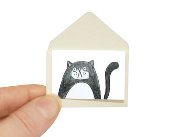 Cat Birthday Card, Black and White Cat Miniature Greeting Card and Tiny Envelope, Black Cat Card, Black Kitty Birthday Card for Cat Lover