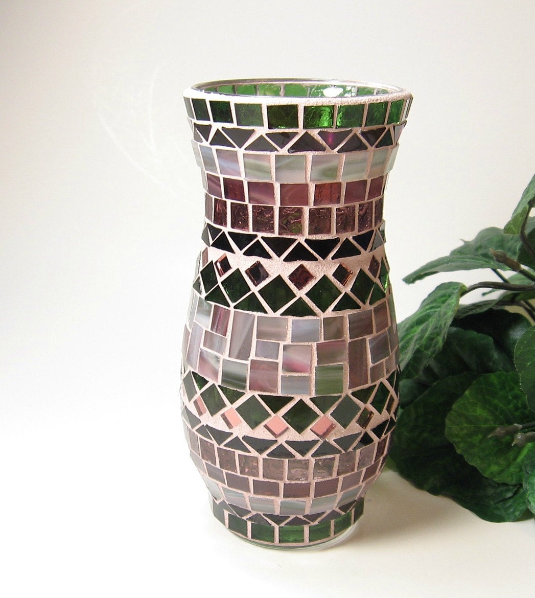 Stained glass mosaic vase rose red olive green