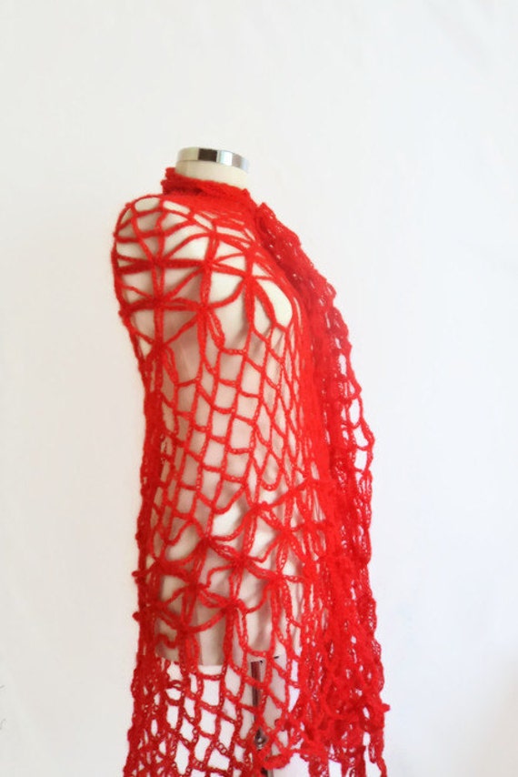 Handmade Crochet Red Shawl Free Shipping