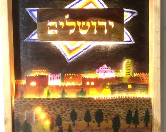 Jerusalem at night, Judaica wood art and acrylic multi-techniques painting from Israeli artist Jerusalem