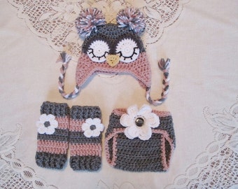 Dark Grey and Light Raspberry Owl Hat, Diaper Cover and Leg Warmers - Photo Prop Set - Available in Newborn to 12 Months