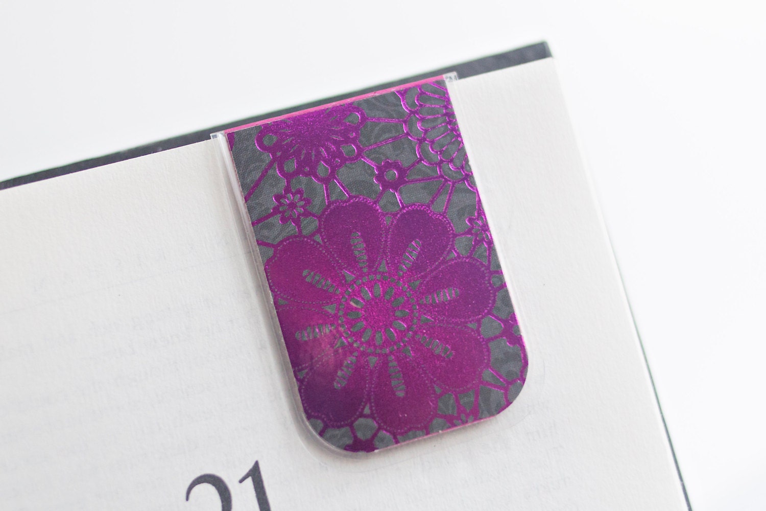 Pink Bookmark Laminated Metallic Flower Black Gray