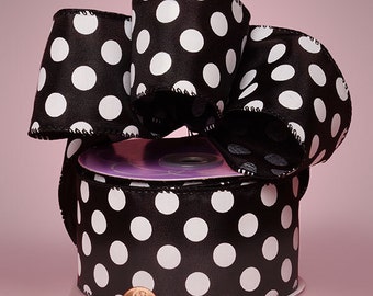 5YDS x 2-1/2" Big Polka Dot Black & White Satin Wired Edge RIBBON