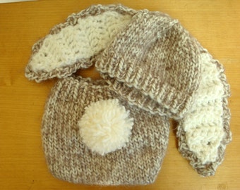 Floppy Ear Bunny Hat and Diaper Cover with Tail - Brown or Pink Bunny Outfit - Knit Baby Hat - Easter Photo Prop