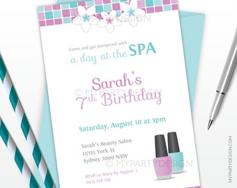 Spa Party Invitation - Birthday Party - Pink and Aqua - PRINTABLE JPEG or PDF file