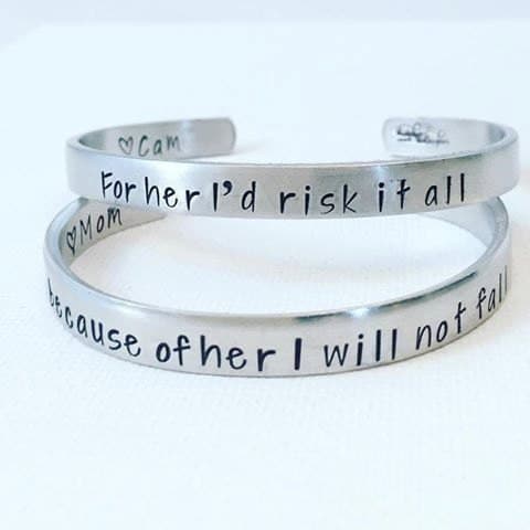 Mother Daughter Jewelry - Mothers Day from Daughter - Hand Stamped Cuff Bracelets - For her I'd risk it all, Because of her I will not Fall