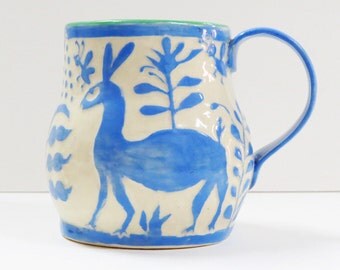 OTOMI Sgraffito MUG - Otomi Influenced Art Pottery, Mexican Folk Art, Carved Mug,Coffee Tea Cup Mug,Useful Art Pottery Whimsy