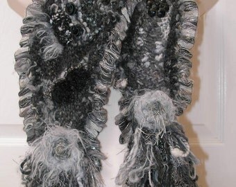 Knitted Gray and Black Free Form Scarf with a Ruffled Edge