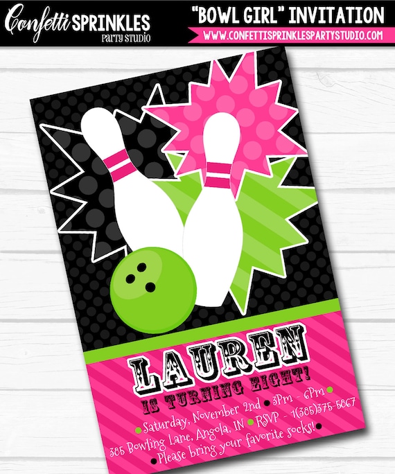 Diy Personalized Pink & Green "Bowl Girl" Bowling Inspired Birthday Party Digital Printables 4"x6" or 5"x7" Invitation Il_570xn