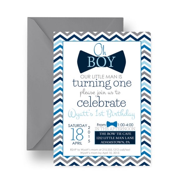 Navy Bow Tie First Birthday Invitation Modern Kids Celebration Boys Party Printable or Printed Dapper Chalkboard Chevron Little Man Invite Il_570xn