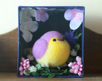 Purple bird in miniature garden diorama, needle felt bird in flowers shadow box, handmade bird figurine, needle felted animal, gift under 30