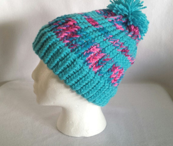 Slouchy Knit Hat Loom Knit Hat Turquoise with Varigated